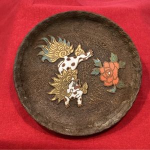 Vintage Brass / Bronze Made in Japan Dragon & Flower Designed Tray, Plate, Rare